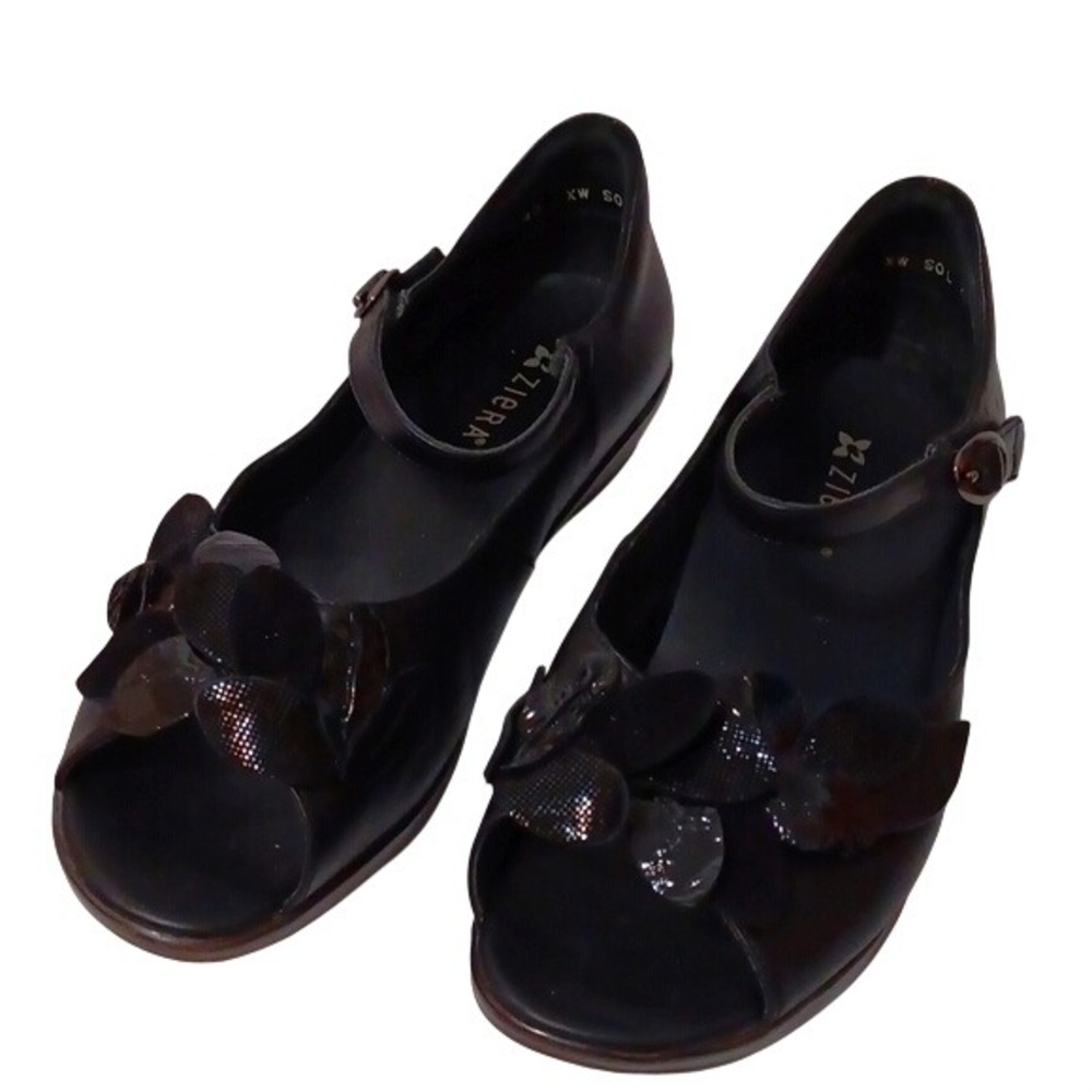 Ziera Women's Mary Janes Black Leather Floral ‎ Shoes Flower Sz 40 US